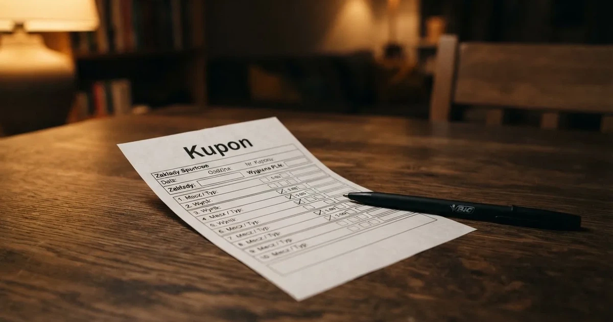 Pusty papierowy kupon zakładu leży na stole obok długopisu, ciepłe światło lampy pada na blat.