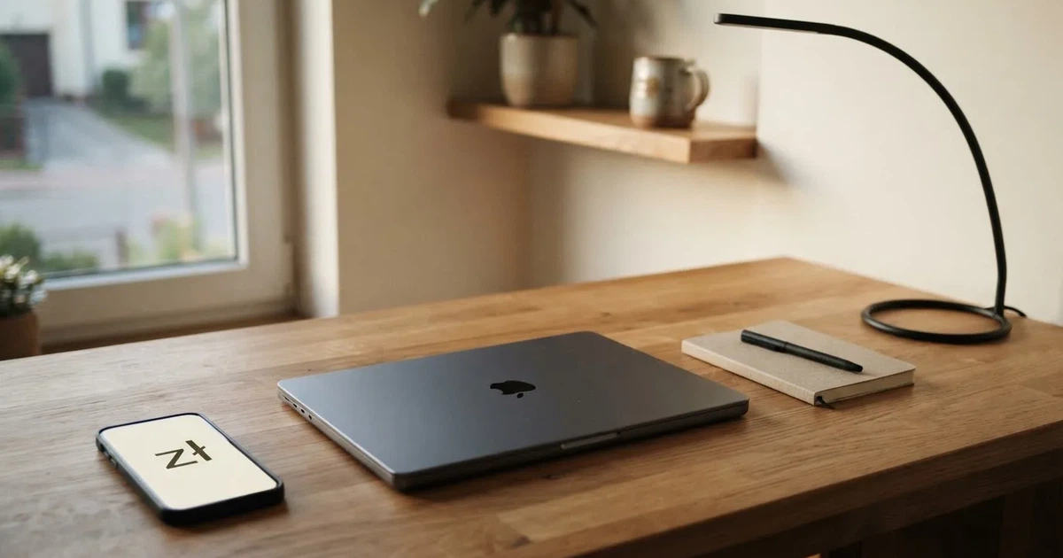 Zamknięty laptop i mały notes leżą na uporządkowanym domowym biurku obok lampki biurkowej.