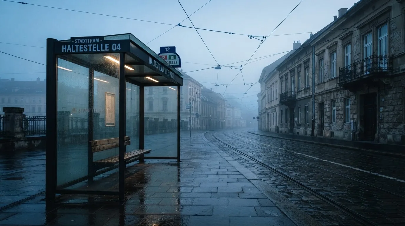 Pusta wiata przystanku tramwajowego na miejskiej ulicy o świcie, pusta ławka i mokry chodnik.