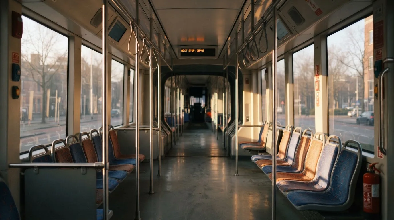 Wnętrze pustego tramwaju z rzędami siedzeń i poręczą w porannym świetle.