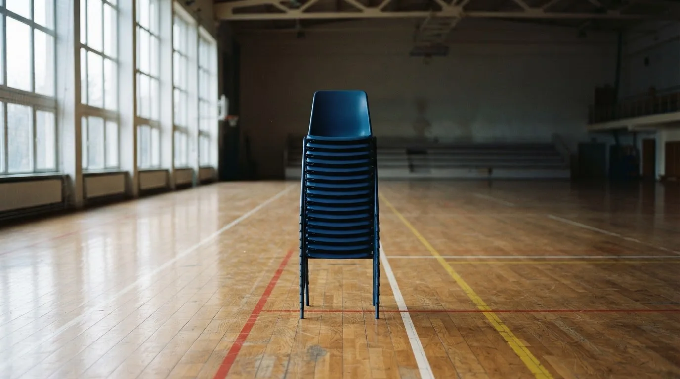 Starannie ułożony stos plastikowych krzeseł w pustej hali sportowej z wysokimi oknami.