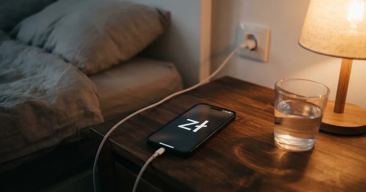 Telefon ładuje się na szafce nocnej obok szklanki wody w przyćmionym świetle sypialni.