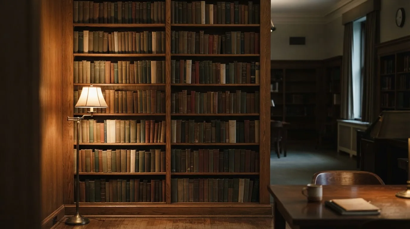 Wysoka drewniana biblioteczka w cichym pokoju czytelni, książki ustawione w równych rzędach.