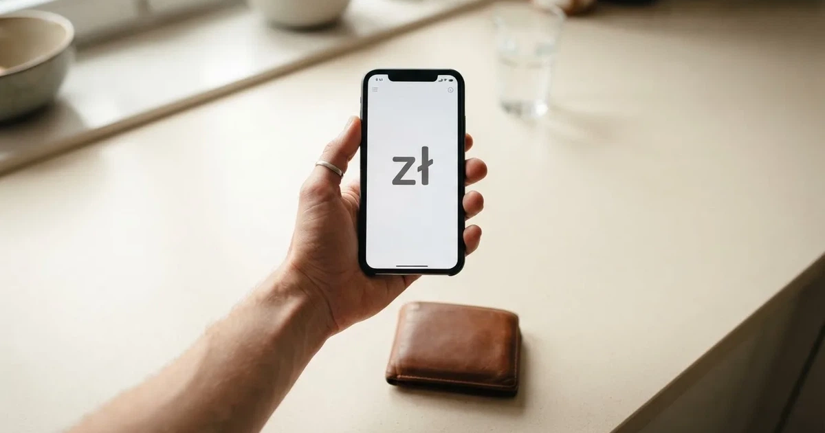 Dłoń trzyma smartfon tyłem do obiektywu nad jasnym blatem, obok leży niewielki skórzany portfel.