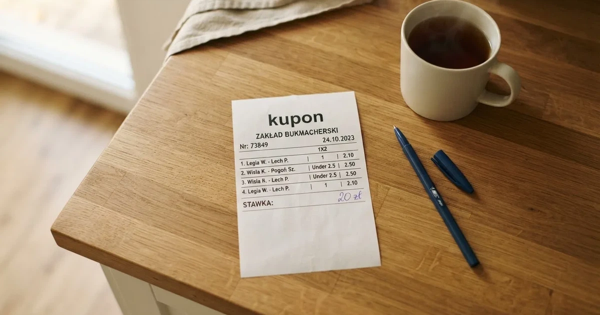Pusty papierowy kupon leży na drewnianym blacie obok długopisu i filiżanki herbaty, widok z góry.