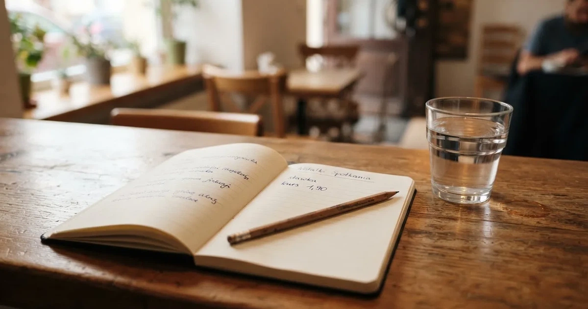Otwarty notes z odręcznymi notatkami i ołówkiem leży na blacie w kawiarni obok szklanki wody.