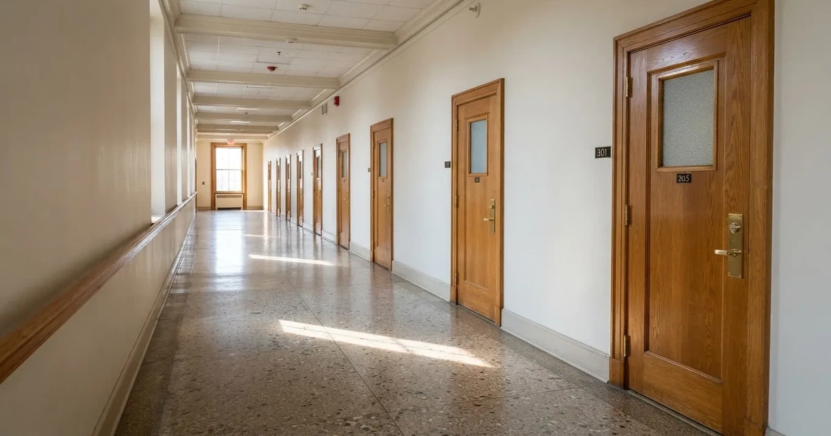 Długi korytarz z drewnianymi drzwiami i matowymi szybami, po posadzce przesuwa się smuga światła.