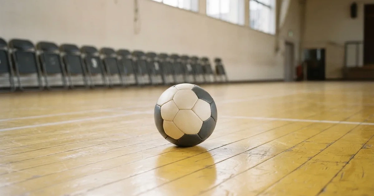Piłka ręczna leży na żółtym parkiecie sali sportowej, pod ścianą stoją złożone krzesła.