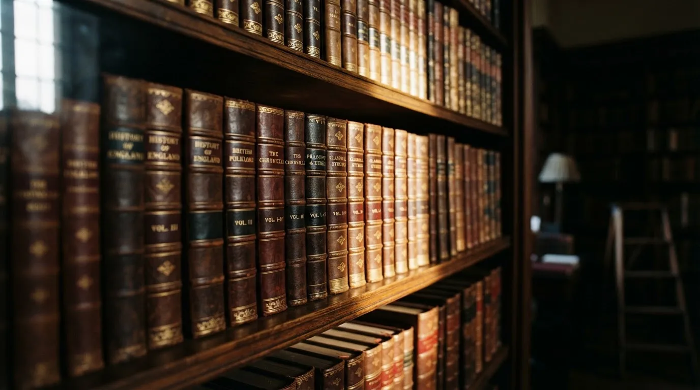 Regał z zamkniętymi książkami w skórzanych oprawach w cichej bibliotece, światło pada z boku.