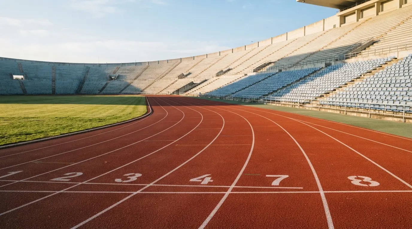 Bieżnia lekkoatletyczna wygięta w łuk pustego stadionu w porannym słońcu.