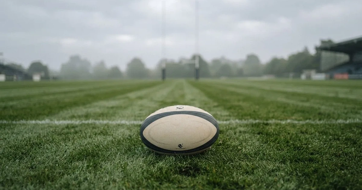 Piłka do rugby leży na pustej murawie, w tle stoją wysokie słupy bramki.