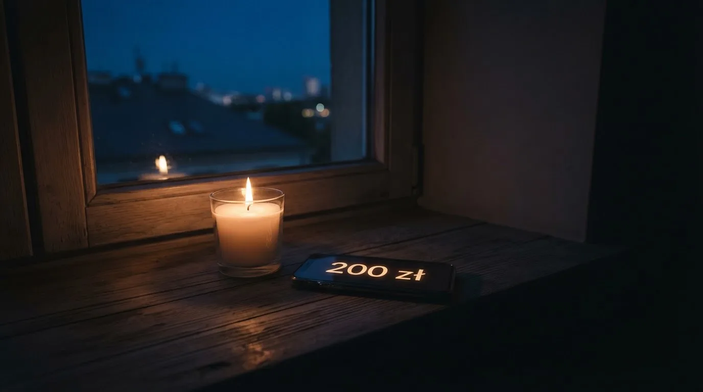 Zapalona świeca na parapecie w ciemnym pokoju, za oknem noc.