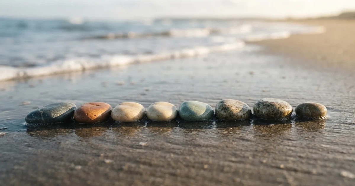 Kilka kamyków w różnych kolorach ułożonych w rzędzie na wilgotnym piasku plaży.