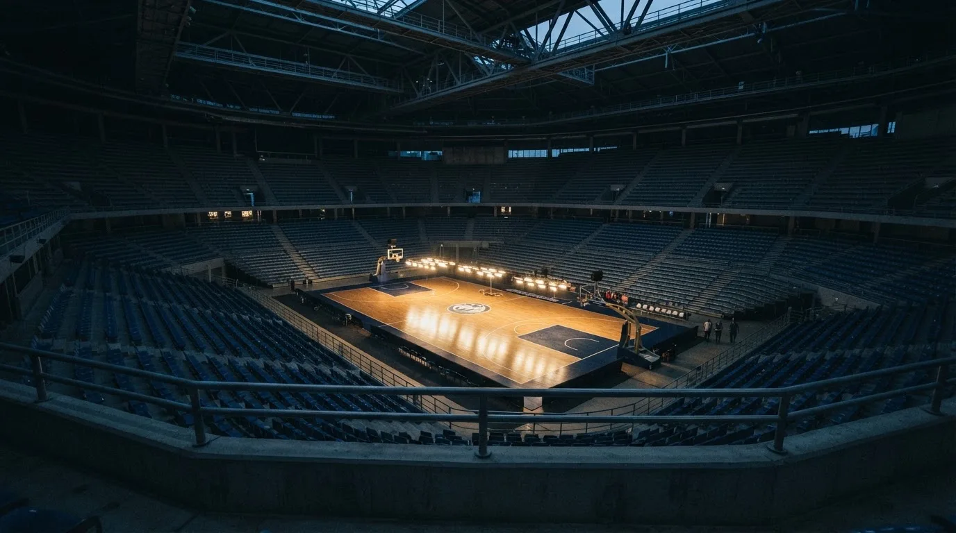 Hala sportowa widziana z dużej odległości w półmroku, nad pustym parkietem świecą rzędy reflektorów.