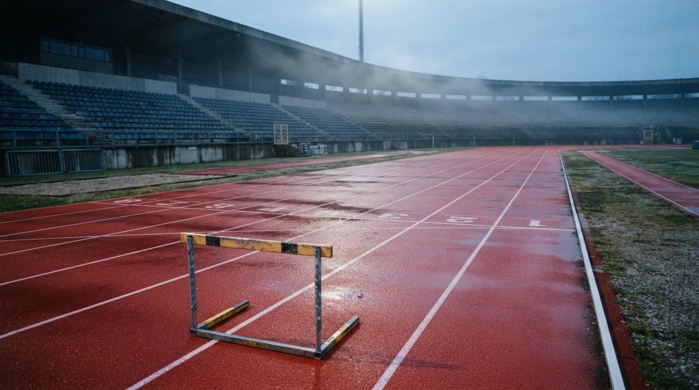Pusty tor biegowy stadionu lekkoatletycznego o poranku, mokra czerwona nawierzchnia i smugi mgły nad trybunami.