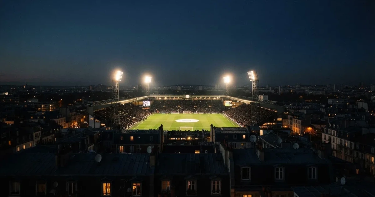 Stadion piłkarski nocą widziany z dużej odległości, jasne reflektory nad murawą i ciemne niebo wokół.