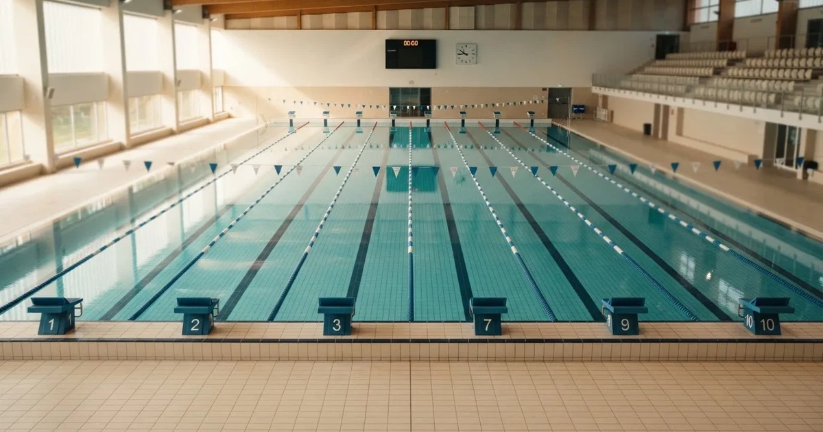 Pusty basen olimpijski z równymi torami i spokojną taflą wody, widok z trybun w jasnym świetle.