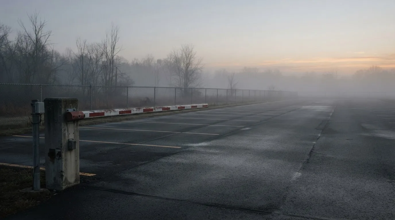 Szlaban w poziomie przy wjeździe na pusty parking o świcie, mgła nad asfaltem.