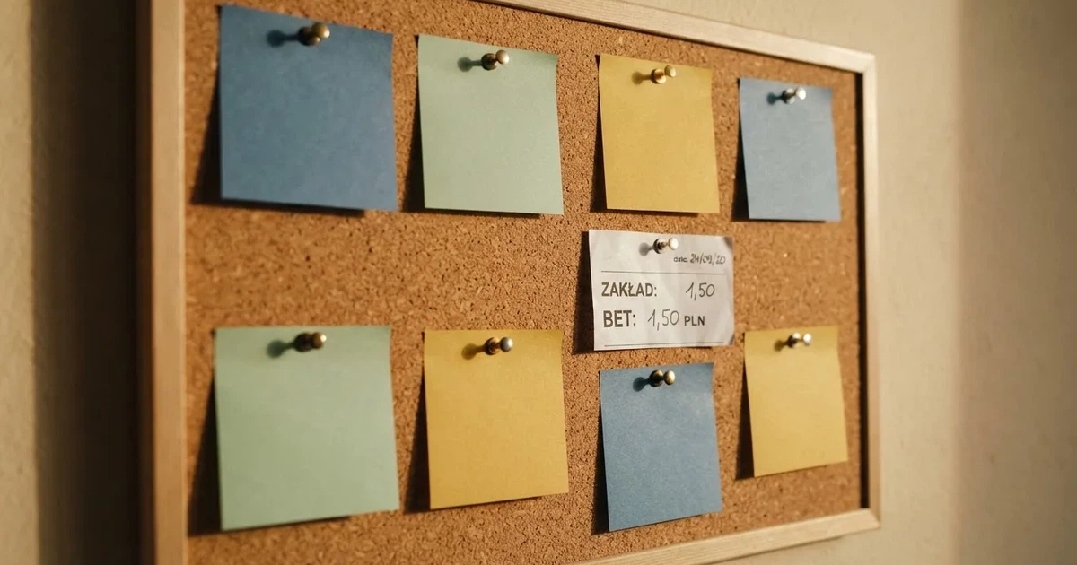 Korkowa tablica z kilkoma przypiętymi czystymi karteczkami w różnych kolorach, ujęcie z bliska.