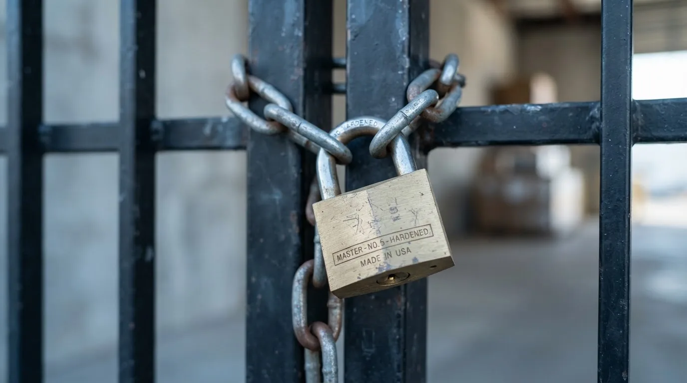Zamknięta kłódka na łańcuchu przy metalowej bramie, ujęcie z bliska w chłodnym świetle poranka.
