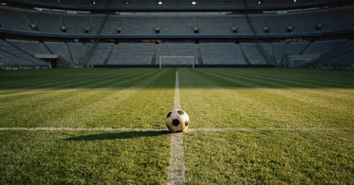 Piłka nożna leżąca na środku murawy w pustym stadionie przed meczem, rzędy siedzisk w półmroku.