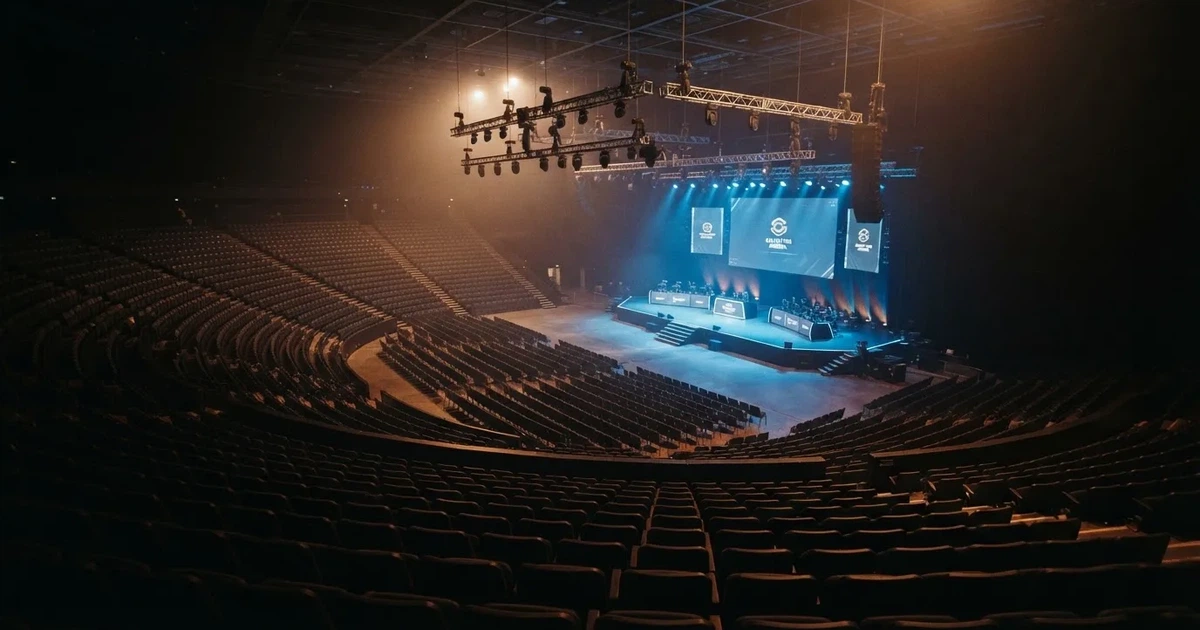 Pusta arena z półkolem siedzisk i oświetloną niebieskim światłem sceną, widok z góry na rzędy foteli.