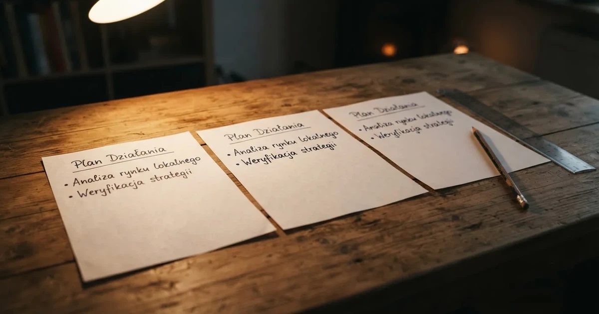 Trzy identyczne czyste kartki ułożone równo na biurku obok ołówka i linijki w ciepłym świetle lampy.