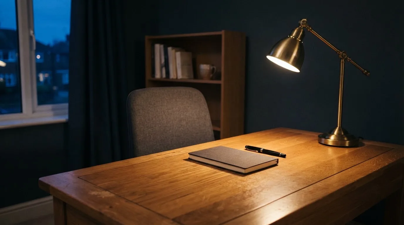 Lampa biurkowa świecąca na pustym drewnianym biurku w cichym gabinecie wieczorem, obok puste krzesło.