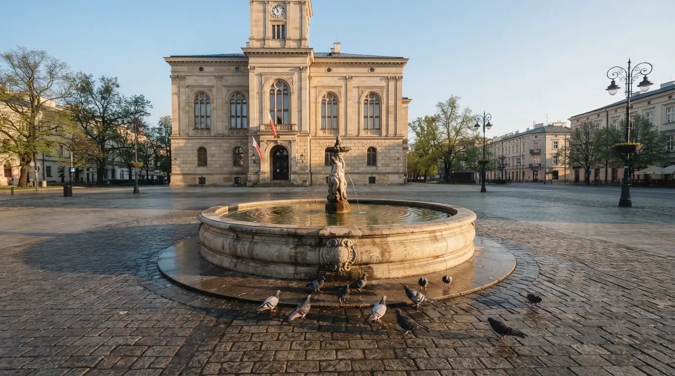 Okrągła fontanna na placu przed budynkiem o wczesnym poranku, bez ludzi, gołębie na bruku.