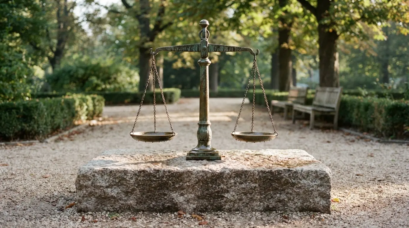 Rzeźba w brązie przedstawiająca wagę szalkową na kamiennym cokole w parku, poranne światło.