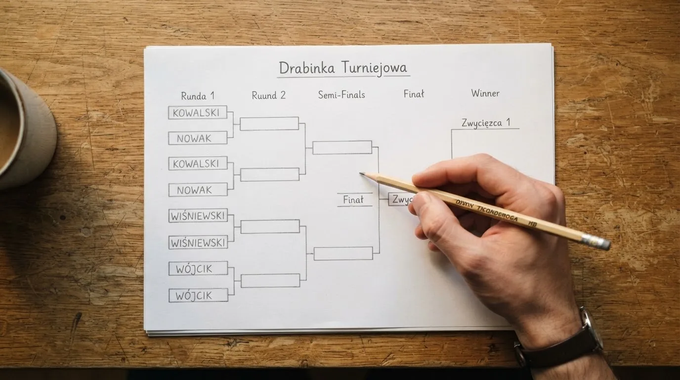 Dłoń trzymająca ołówek nad pustą kartką, na której odręcznie narysowano drabinkę rozgrywek bez opisów.