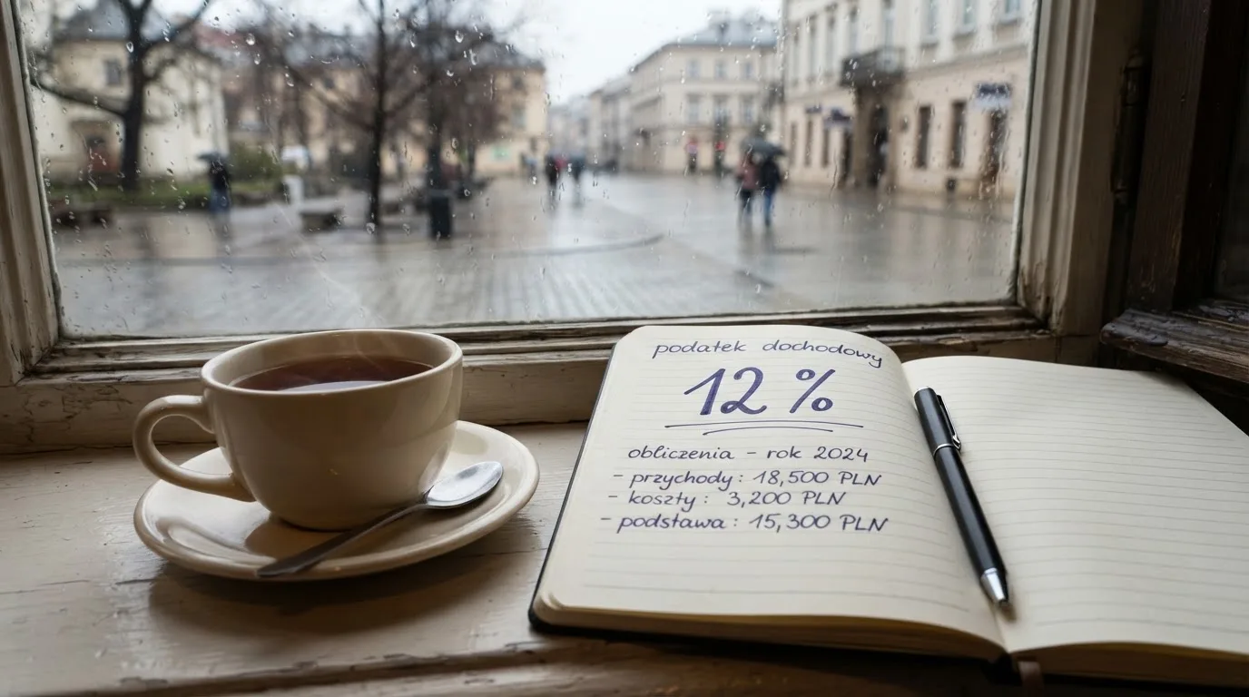 Kubek z herbatą i otwarty zeszyt z odręcznymi notatkami na parapecie, za oknem pada deszcz.