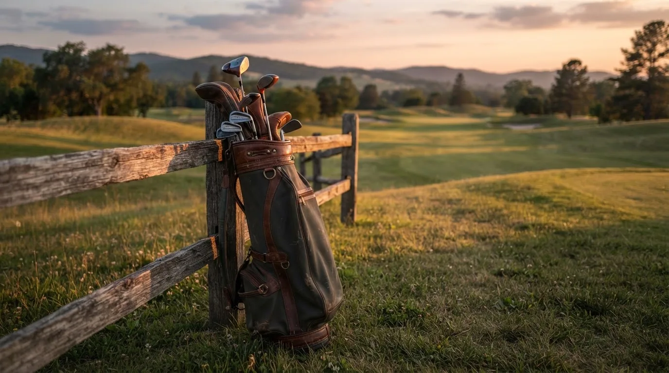 Torba golfowa z kijami oparta o drewniany płotek na polu golfowym, w tle wzgórza w złotym świetle zachodu.