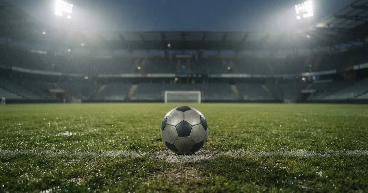 Futbolowa piłka stoi na punkcie karnym w pustym stadionie podczas mżawki, w tle rozmyte trybuny i jasne światło masztów.