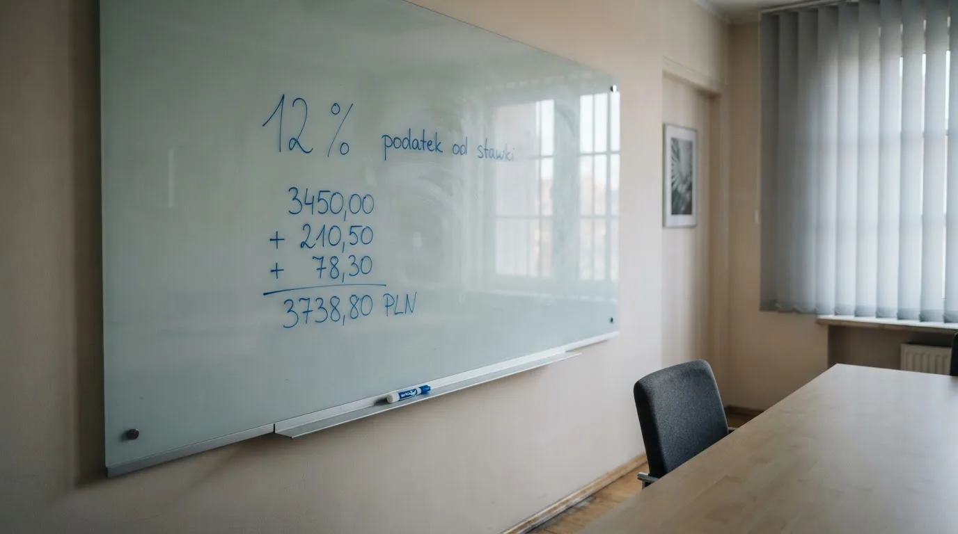 Szklana tablica suchościeralna w pustej sali konferencyjnej, lekko zakurzona, obok leży niebieski pisak.