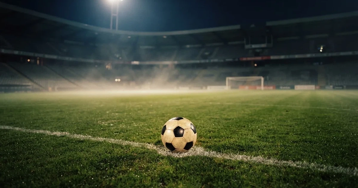 Piłka nożna leży na środku murawy pod rozświetlonym nocnym niebem, nad stadionem unosi się lekka mgła, a trybuny toną w półmroku.