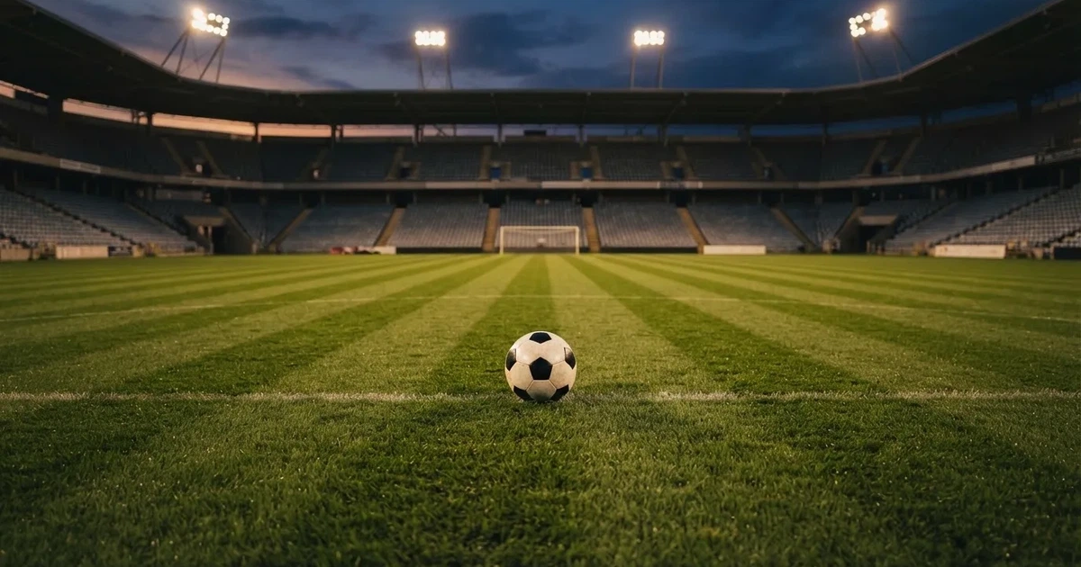 Piłka nożna leży na środku świeżo skoszonej murawy, w tle pusty stadion w świetle reflektorów wczesnym wieczorem.