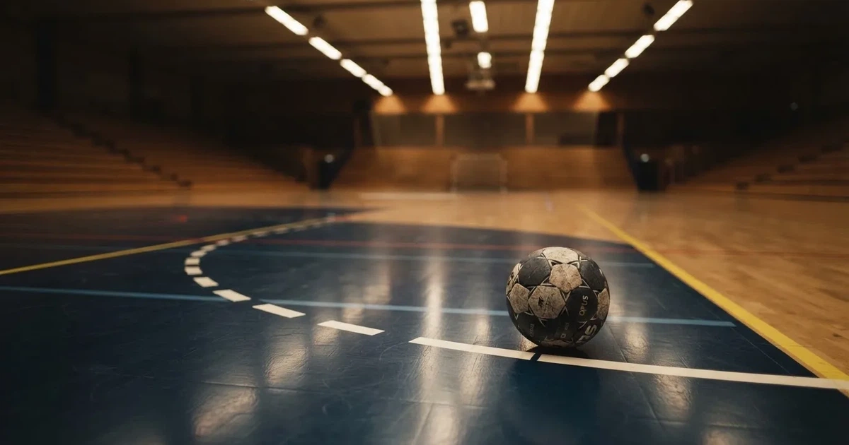 Piłka ręczna leży na żywicznym parkiecie przy linii pola bramkowego w pustej hali sportowej, nad nią rzędy świateł.