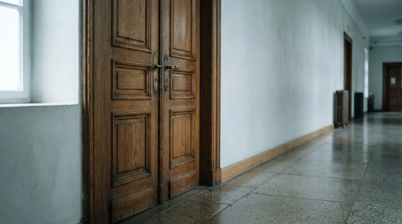 Ciężkie drewniane drzwi z mosiężną klamką w korytarzu urzędowym, ujęcie z boku w chłodnym świetle okna.