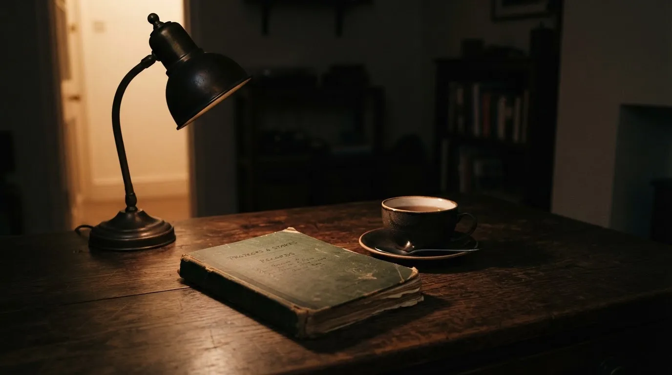 Filiżanka stygnącej herbaty i zgaszona lampka na biurku nocą, obok leży zamknięty zeszyt.