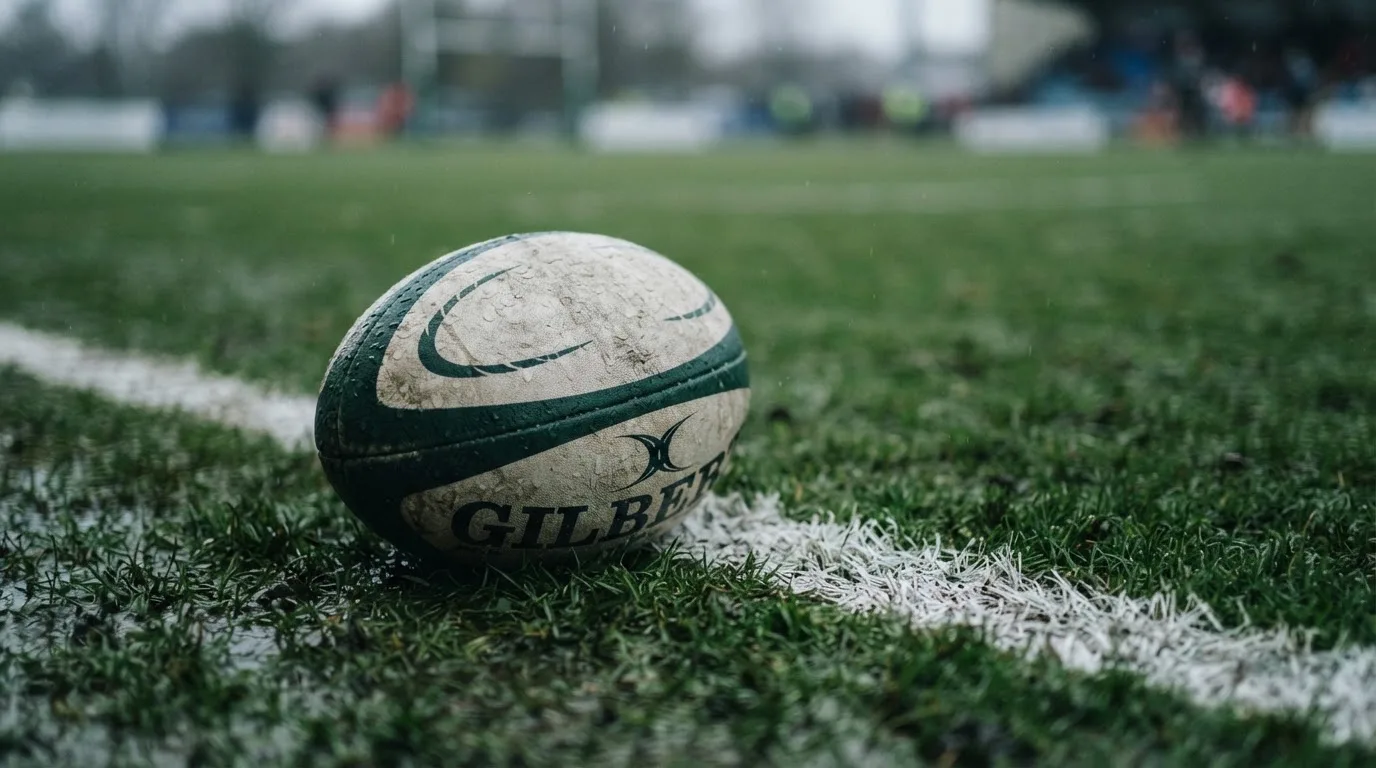 Owalna piłka do rugby leży na mokrej trawie obok linii pola punktowego w chłodnym świetle dnia.