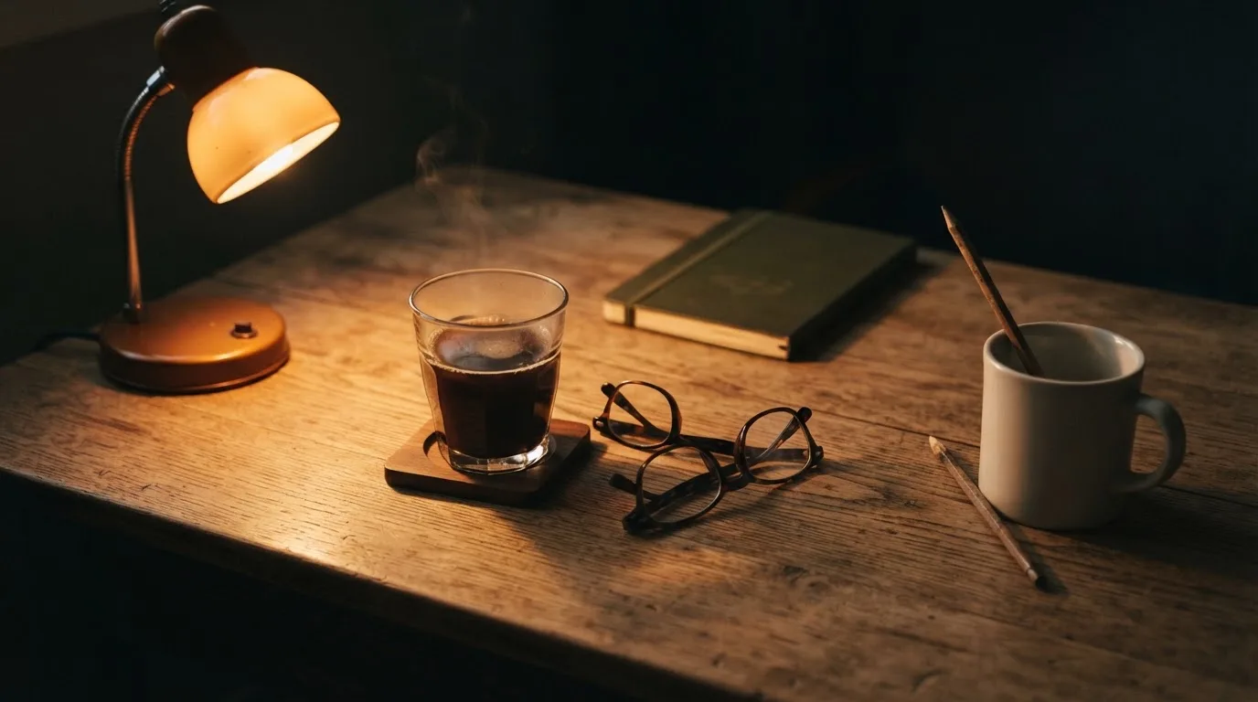 Szklanka kawy i okulary leżą na drewnianym biurku w świetle lampki, obok stoi ołówek oparty o kubek.