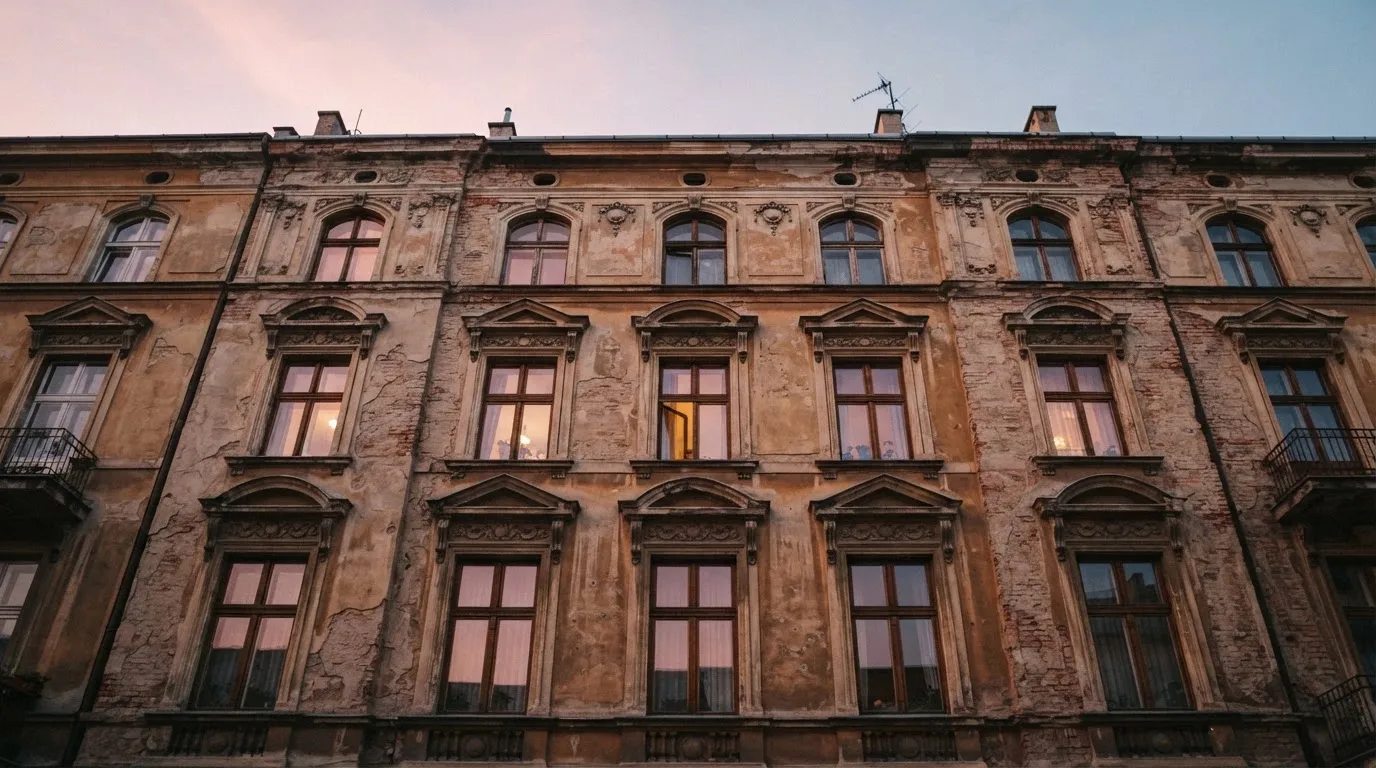 Rząd wysokich okien starej kamienicy, w których odbija się różowe niebo zmierzchu.