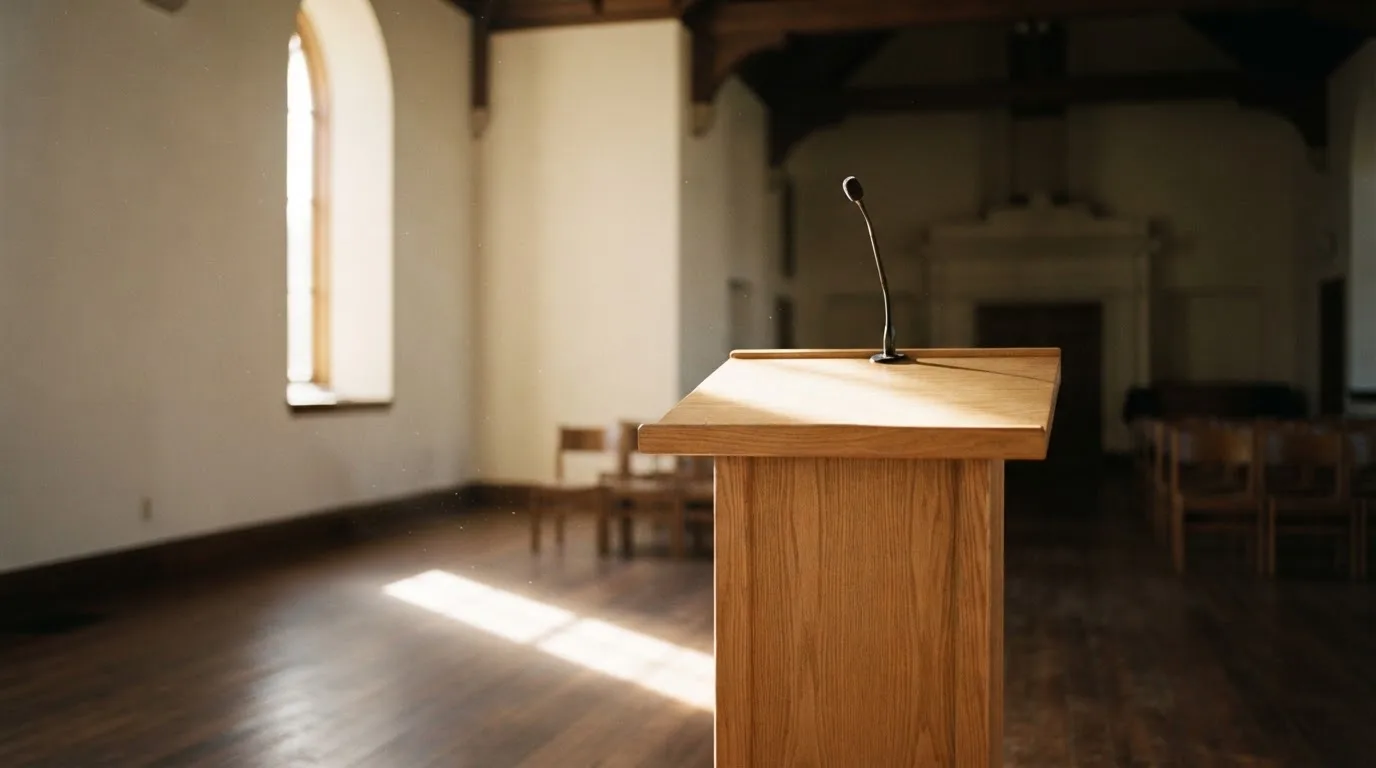 Pusty drewniany pulpit mówcy w sali z wysokim sufitem, oświetlony światłem z bocznego okna.