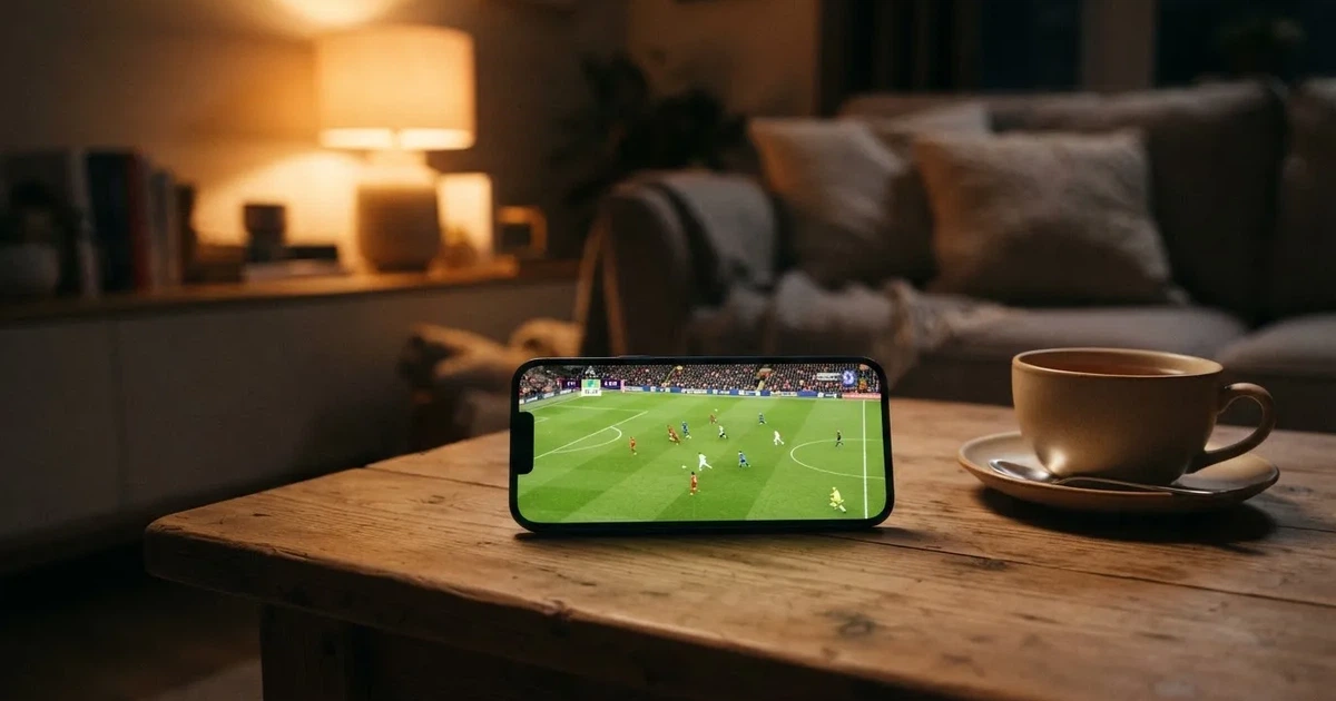 Smartfon leży z wygaszonym ekranem na stole w salonie obok kubka herbaty, w tle przygaszone światło lampy.