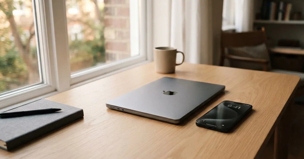 Zamknięty laptop i smartfon leżą równo obok siebie na jasnym biurku przy oknie w świetle dnia.