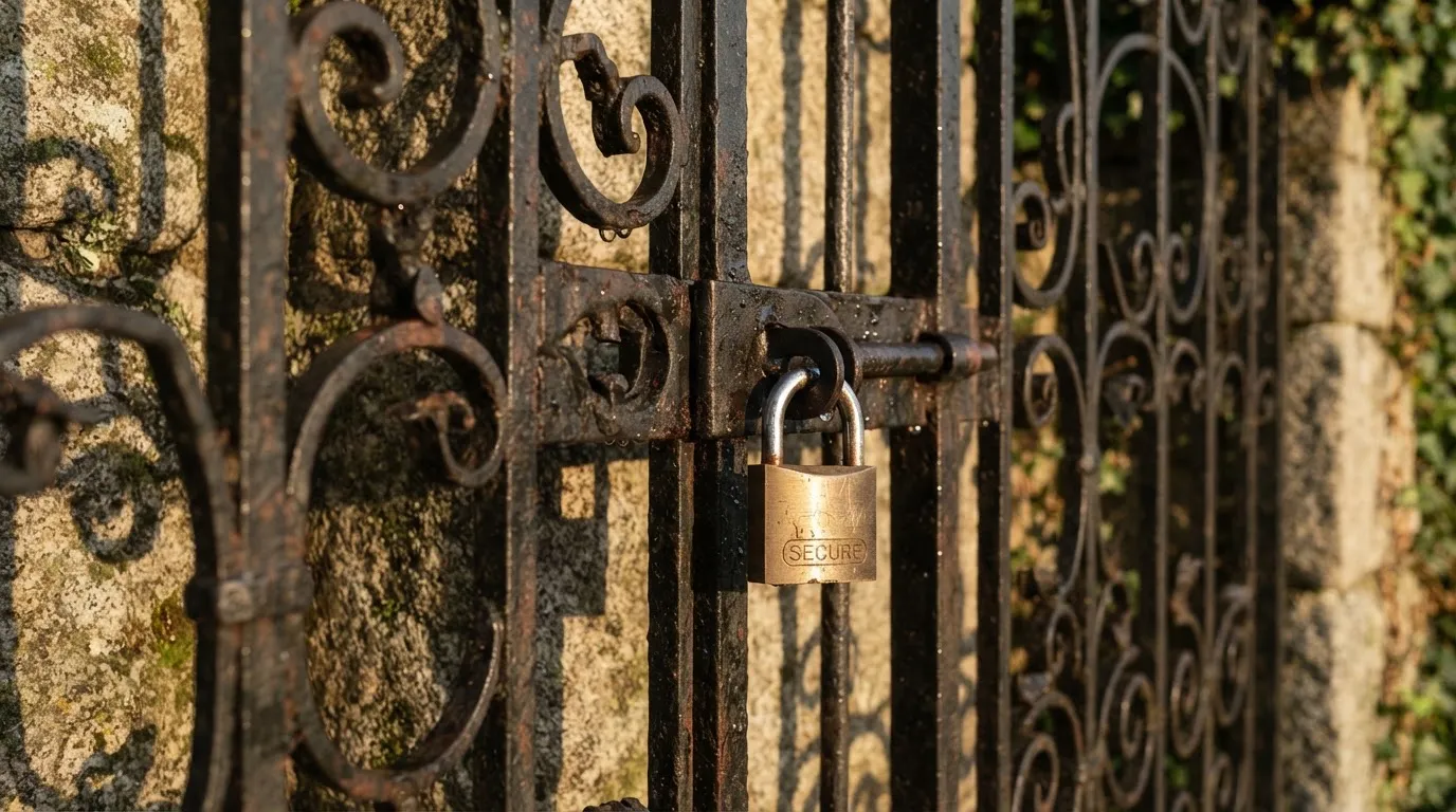Ciężka brama z kutego żelaza z kłódką, widziana z bliska w porannym świetle.