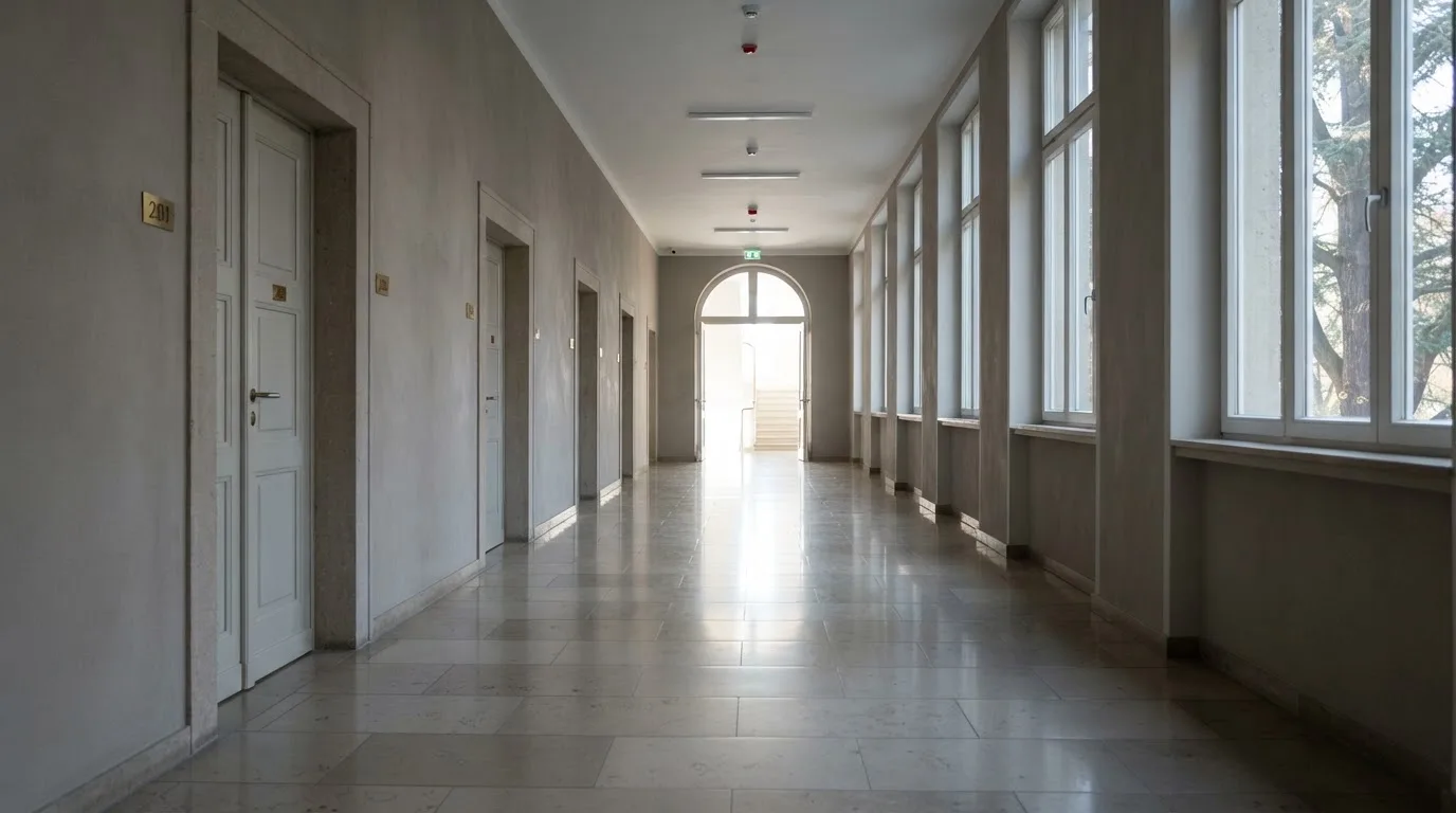 Długi korytarz urzędu z lśniącą posadzką i rzędem zamkniętych drzwi po jednej stronie.