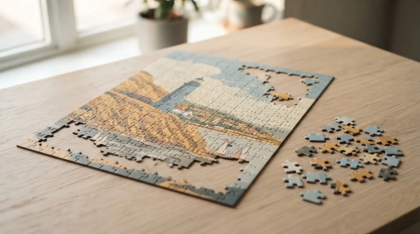 Układanka puzzle częściowo złożona na blacie stołu, kilka elementów leży obok w świetle okna.